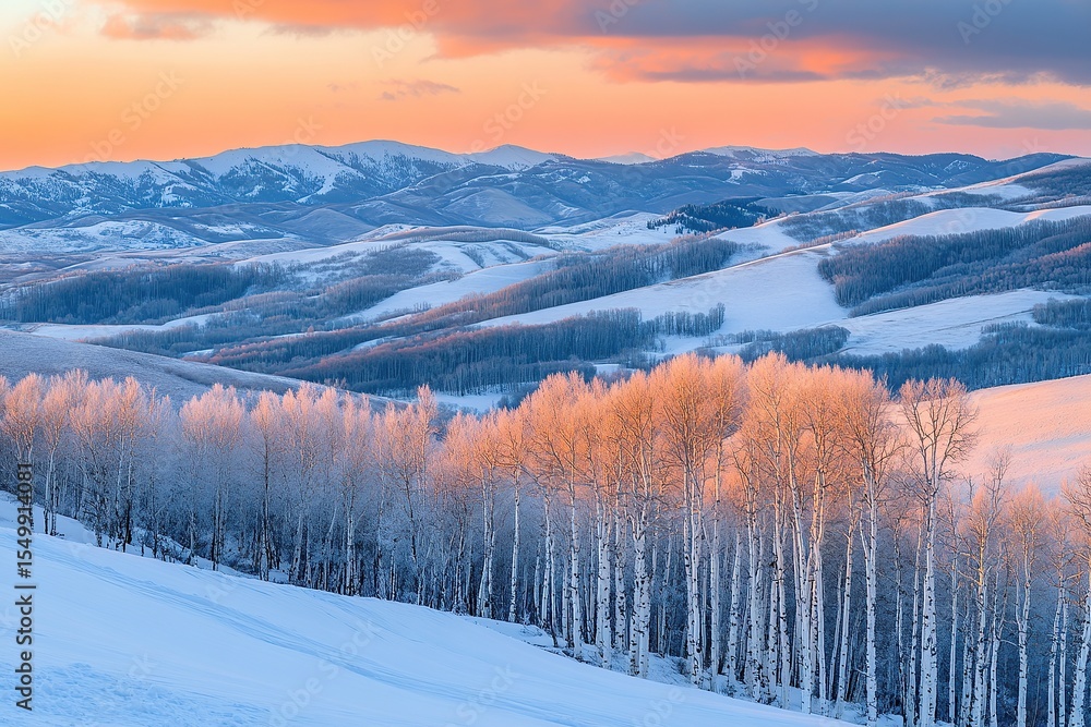 Fototapeta premium In the winter sunset, birch trees and snow-covered hills create an enchanting landscape.