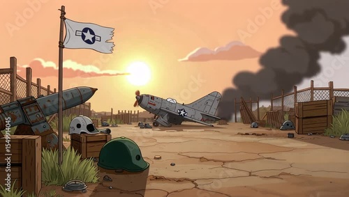 Animated military scene with a vintage warplane flag ordnance and smoke in a desertlike setting