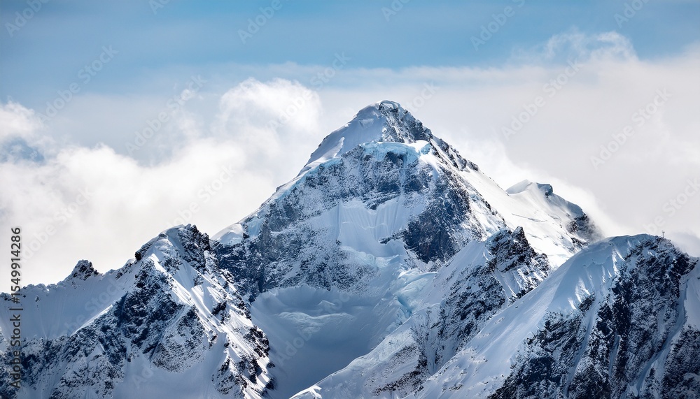 snow covered mountain peak against bright white sky sky background snow covered mountain peak against bright white sky sky background