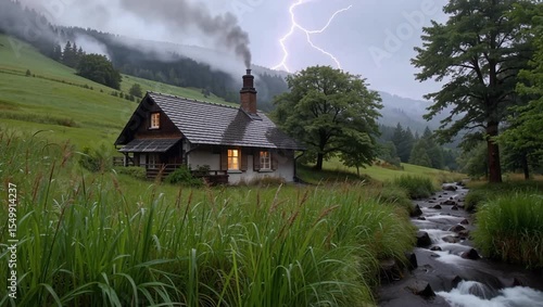 A cottage sits near a stream smoke coming from the chimney in a misty green landscape