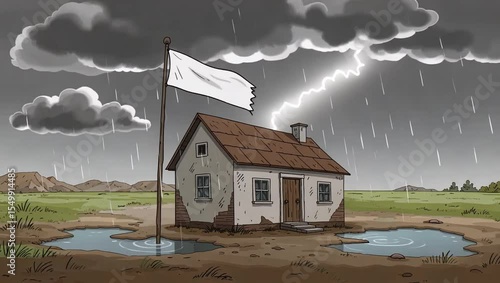 Cartoon image of a small house with a white flag in a thunderstorm