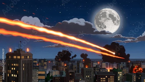 City buildings attacked by missiles under moonlight some ablaze