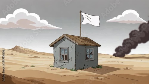 Desert hut with a white flag amid smoke implying isolation or surrender in a barren landscape