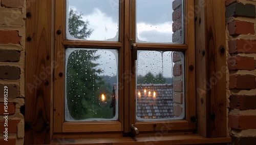 Rainstreaked window view trees lights brick
