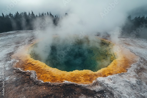 Green Waiotapu Thermal Wonderland, a green lava lake in New Zealand with white-hot steam