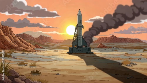 Rocket on a desert launchpad with smoke trail set against a backdrop of mountains and sunset