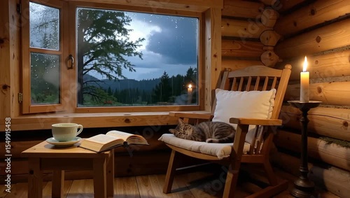 Rainy day log cabin scene a cat naps in a chair near a window with raindrops a lit candle a cup and a book