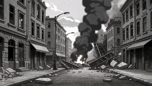 Wartorn city street with rubble fire and smoke billowing amidst damaged buildings and debris