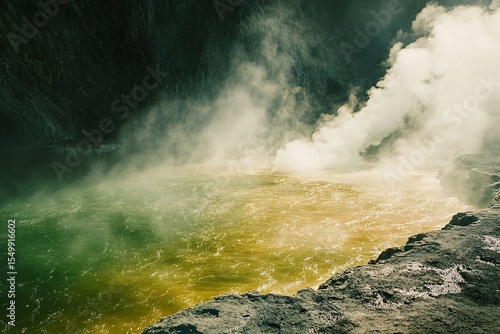 Green Waiotapu Thermal Wonderland, a green lava lake in New Zealand with white-hot steam