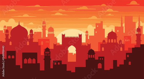 Orange Hues Illuminate a Metropolis Silhouette: A Captivating Architectural Symphony at Dusk