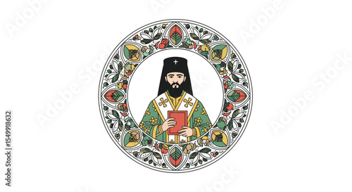 Icon of Eastern Orthodox Christian Priest with Decorated Frame Symbolizing Faith and Religion
