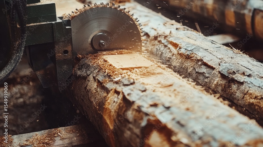 An industrial-grade automated saw cutting through thick wooden logs with precision An industrial-grade automated saw cutting through thick wooden logs with precision