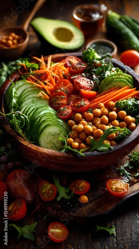 Wallpaper Mural Healthy Vegan Salad Bowl with Avocado, Chickpeas, Tomatoes and Greens on Rustic Tabletop perfect for plant-based recipe blogs, clean eating promotions, wellness meal plans and organic food branding Torontodigital.ca