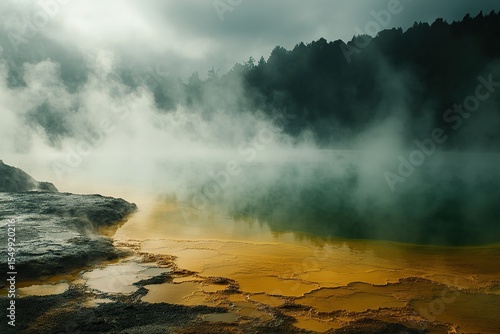 Green Waiotapu Thermal Wonderland, a green lava lake in New Zealand with white-hot steam