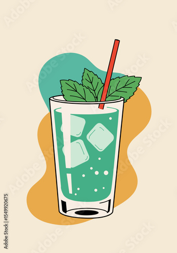 Vector illustration of Mint Julep cocktail with ice and mint leaves on colorful background