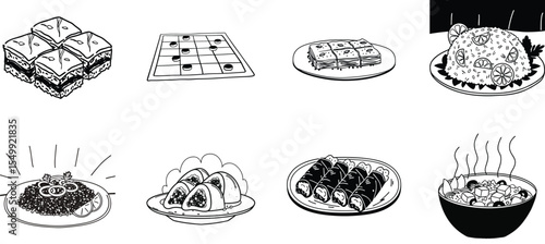 Collection of hand drawn food and game illustrations on a white background