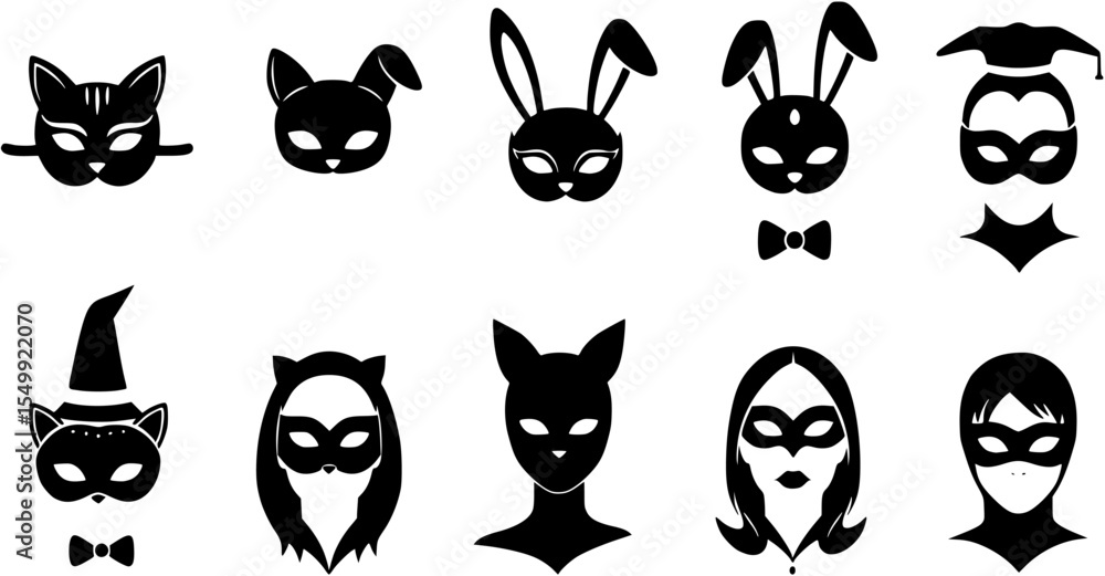 Naklejka premium Adult mask cat and bunny vector icon set. Black bdsm fetish masquerade costume eye mask silhouette hidden person face. Simple design incognito sex party woman cosplay clip art illustration