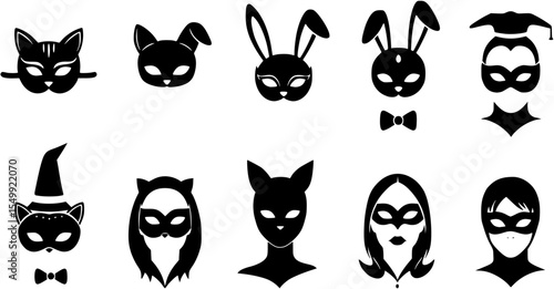 Adult mask cat and bunny vector icon set. Black bdsm fetish masquerade costume eye mask silhouette hidden person face. Simple design incognito sex party woman cosplay clip art illustration