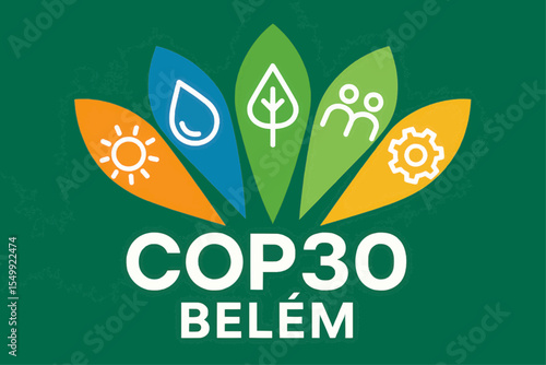 Fan of five oversized feathers each bearing sustainability icons, Amazon green background captioned COP30 • BELÉM, flat vector emblem