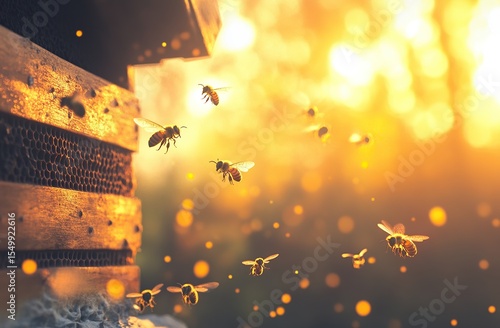 Honeybees flying around a beehive with a blurred background. Close-up of bees in a beehive