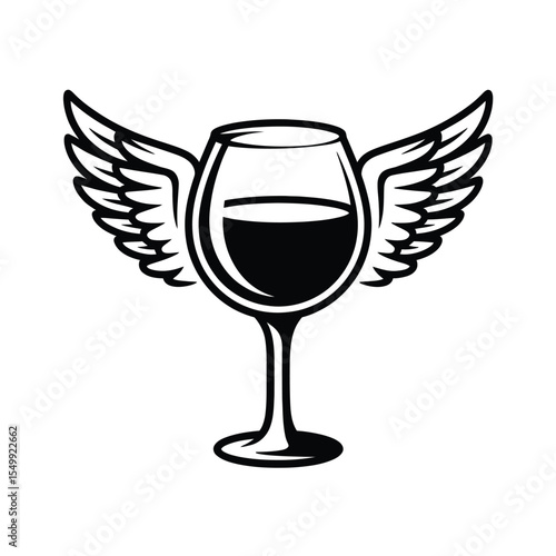 Stylized black and white illustration of a wine glass with wings