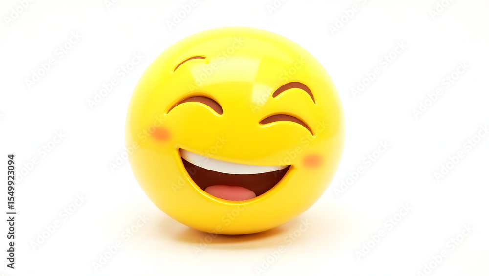Fototapeta premium Bright and cheerful 3D emoji face with a wide smile, rosy cheeks, and closed laughing eyes. The glossy yellow surface and joyful expression make it perfect for social media stickers, digital communica