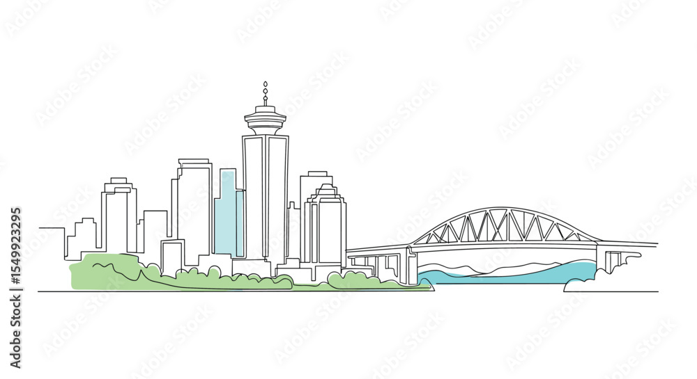 Obraz premium Urban Landscape of a Modern City with Tower and Bridge in the Distance