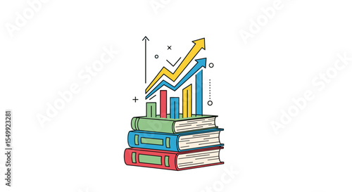 Stack of Books Representing Knowledge Growth and Success with Graph and Charts Above