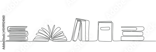 Minimalist continuous line drawing of a stack of books and an open book