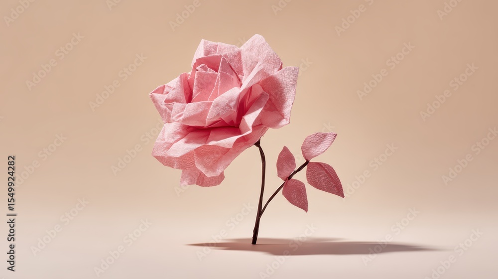 Fototapeta premium Elegant origami rose made from delicate pink tissue paper resting on a soft cream background with gentle shadows