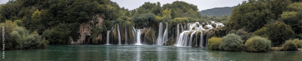 Fototapeta premium Epic waterfall panorama featuring multiple cascades framed by lush greenery in vibrant detail