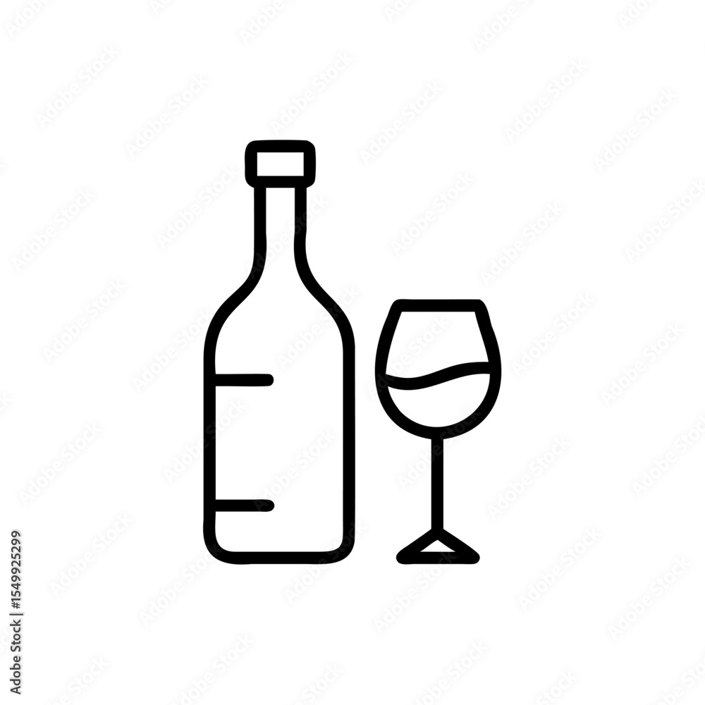 Handdrawn Wine Bottle and Glass Icon Outline Simple Design drink alcohol Handdrawn Wine Bottle and Glass Icon Outline Simple Design drink alcohol