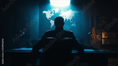 General Planning Military Strategy with World Map in Dark Command Center Ambience