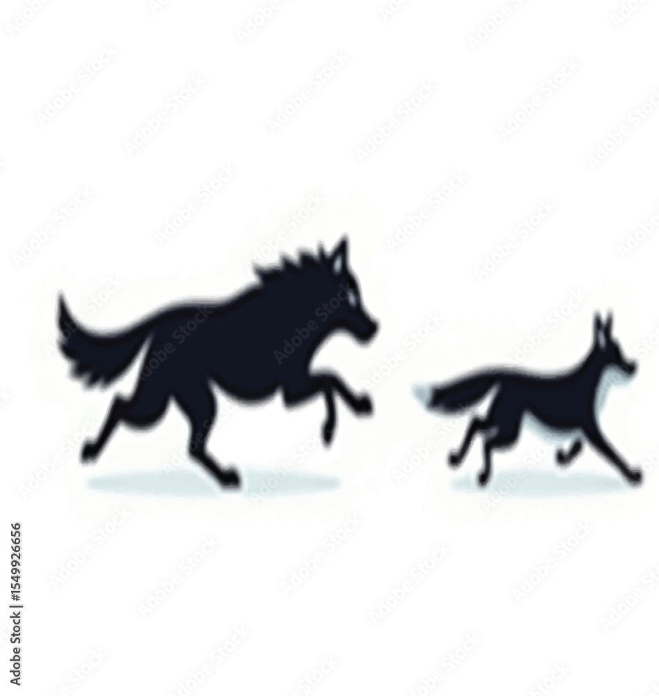 Fototapeta premium Running Wolf and Fox Silhouettes - Wild Canine Motion Vector Set with white background.