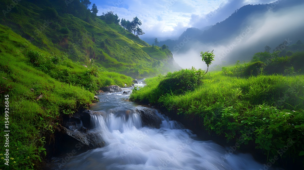 Wide shot of a mountain stream flowing through a lush Bhutanese valley Wide shot of a mountain stream flowing through a lush Bhutanese valley