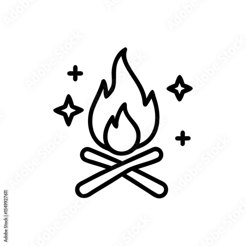 Handdrawn Campfire Icon Line Art Flickering Flames Wooden Sticks Stars Plus Signs