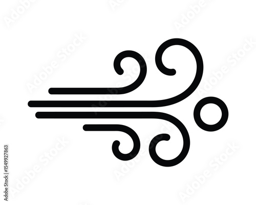 Stylized black graphic representation of wind blowing with swirling lines and a circle