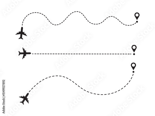 Airplane line paths icon set. Airplane with dotted line route. air plane flight route with start point and dash dotted line trace. race point to finish isolated on white background.