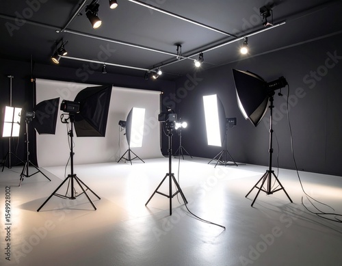 Professional studio with lighting equipment. Realistic setup for photography