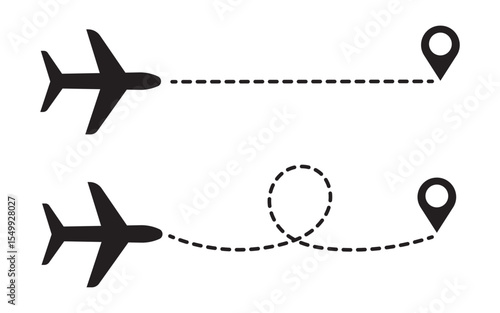 Airplane line paths icon set. Airplane with dotted line route. air plane flight route with start point and dash dotted line trace. race point to finish isolated on white background.