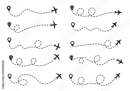 Airplane line paths icon set. Airplane with dotted line route. air plane flight route with start point and dash dotted line trace. race point to finish isolated on white background.