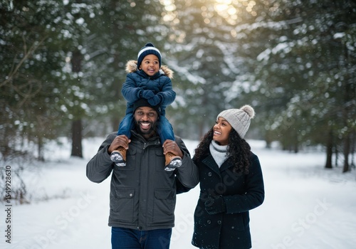 A joyful african american family enjoys a winter day in a snowy forest.