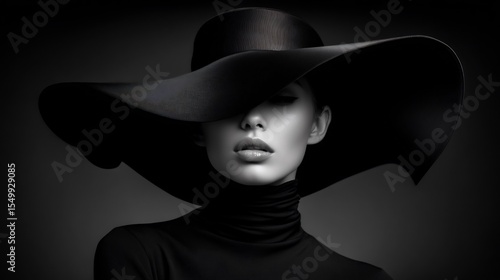 Elegant woman in black hat posing in the studio in black and white theme