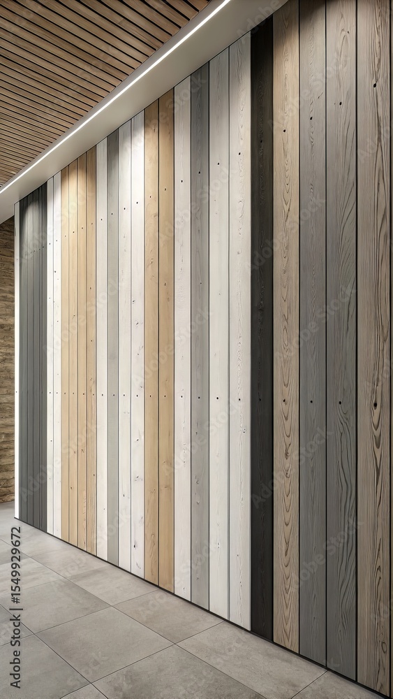 Fototapeta premium Modern interior with colorful wood paneling on wall and wood ceiling