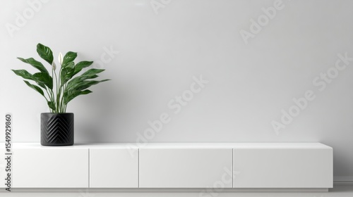 Interior mockup of a peace lily in a black planter on a modern sideboard with blank space for text and softly blurred background