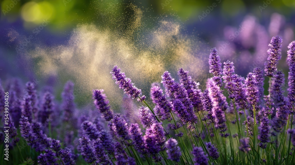 Obraz premium Lavender pollen cloud drifting on softly blurred field backdrop