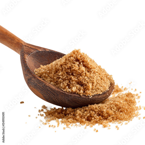 Brown Sugar Delight: A close-up shot showcases a wooden spoon overflowing with granulated brown sugar, perfect for sweetening treats and beverages.