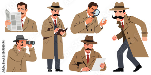 Detective Character Illustrations with Various Poses and Actions for Creative Projects and Storytelling