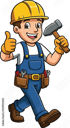 Cheerful Cartoon Construction Worker with Hard Hat and Hammer, Giving Thumbs Up Gesture, Symbolizing Excellent Service and Professional Building Expertise.