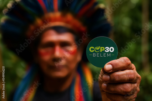 Bright Indigenous feather headdress with COP30 delegate badge against lush Amazon rainforest bokeh, Belém climate summit symbol